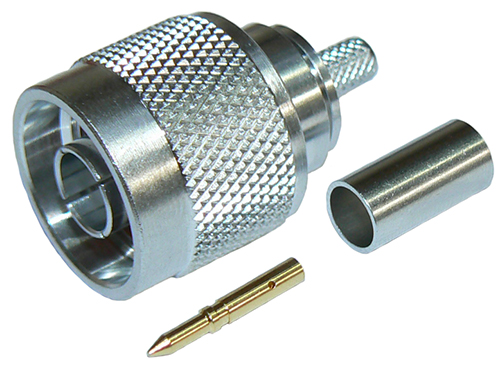 Low P.I.M. N-type male crimp connector plug for RG58 – tri-metal plated